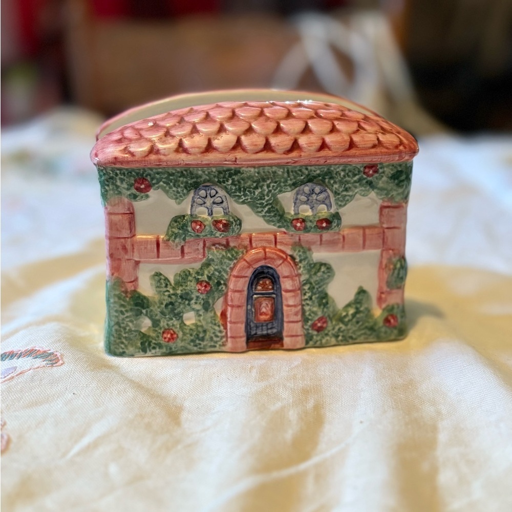 Vintage Charming Pink and Green Ceramic House Napkin Holder